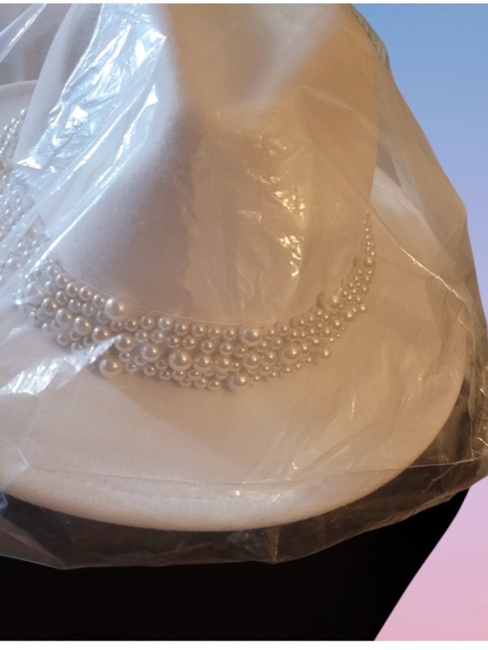 White Pearl-Embellished Fedora Hat